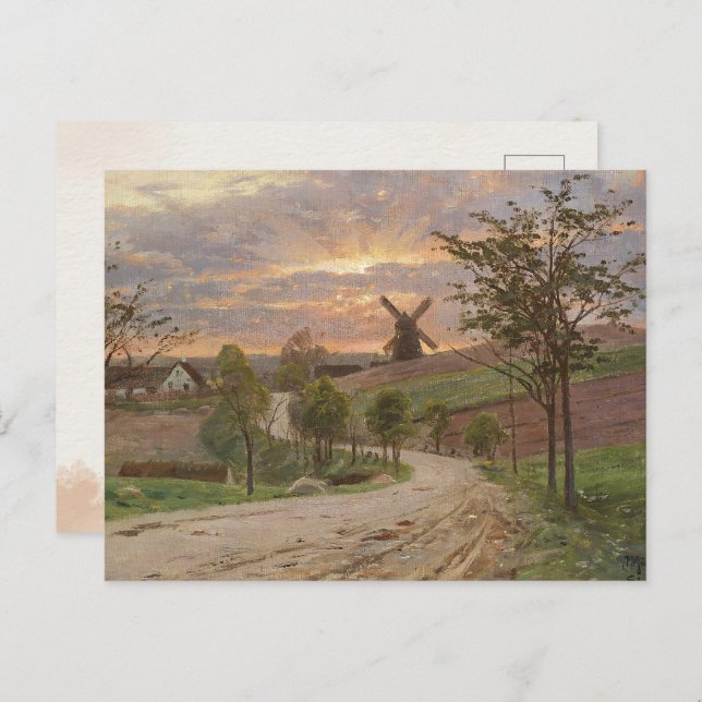 Peder Mønste-Country Road,Windmill,Sunset| Vintage Postcard (Front/Back)