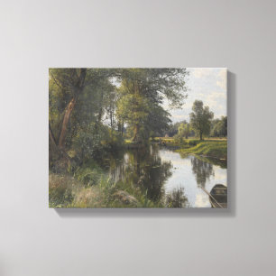 Peder Monsted - Summer landscape with river floodp Canvas Print