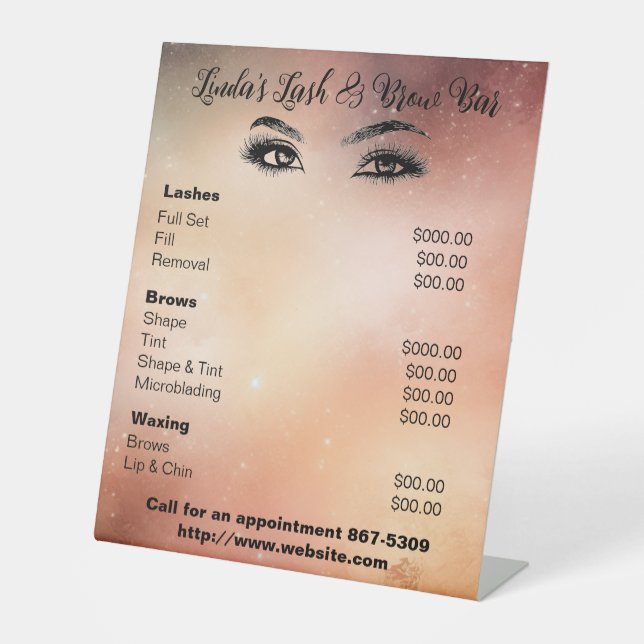 Pedestal services menu for lash/brow business pedestal sign (Front)