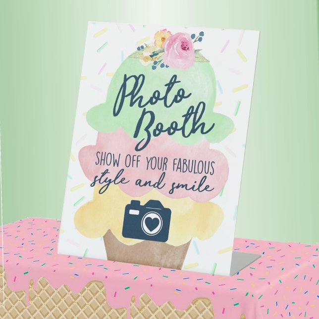 Pedestal Sign (Photo Booth Watercolor Ice Cream Bridal Shower or Baby Shower Pedestal Table Sign)