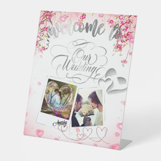 Pedestal Sign para boda con flores y corazones (Front)