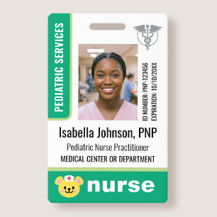 Pediatric Nurse ID Badge Photo Logo Bear Green