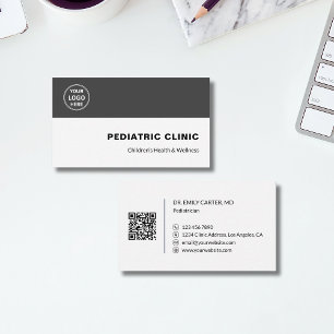 Pediatrician Pediatric Clinic Custom Logo QR Gray Business Card