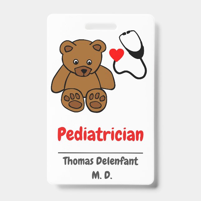 Pediatrician - teddy  and heart stethoscope ID badge (Front)