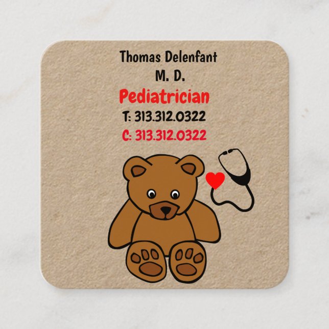 Pediatrician - teddy  and heart stethoscope square business card (Front)