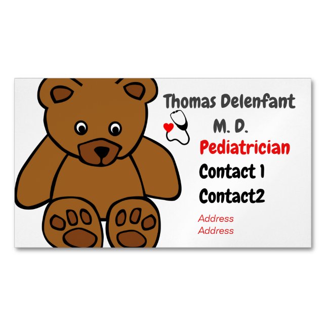 Pediatrician - teddy  and stethoscope magnetic business card (Front)