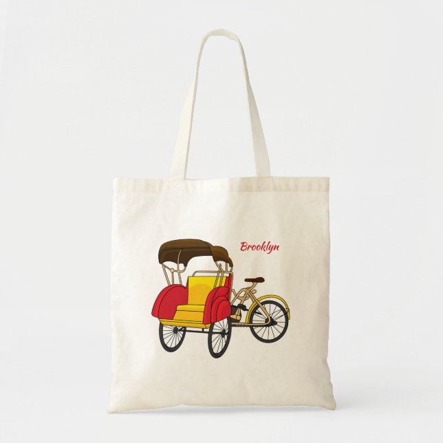 Pedicab rickshaw cartoon illustration tote bag (Front)