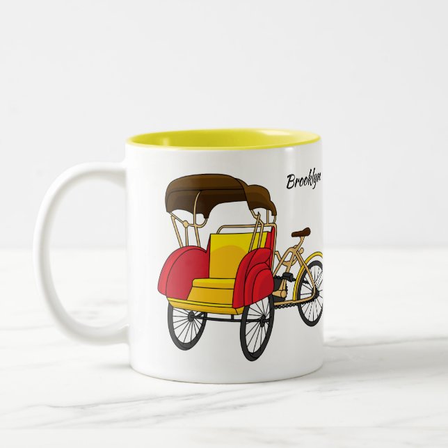 Pedicab rickshaw cartoon illustration Two-Tone coffee mug (Left)