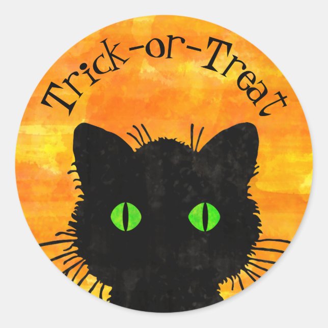 Peek-A-Boo Black Cat Orange Trick-or-Treat Classic Round Sticker (Front)