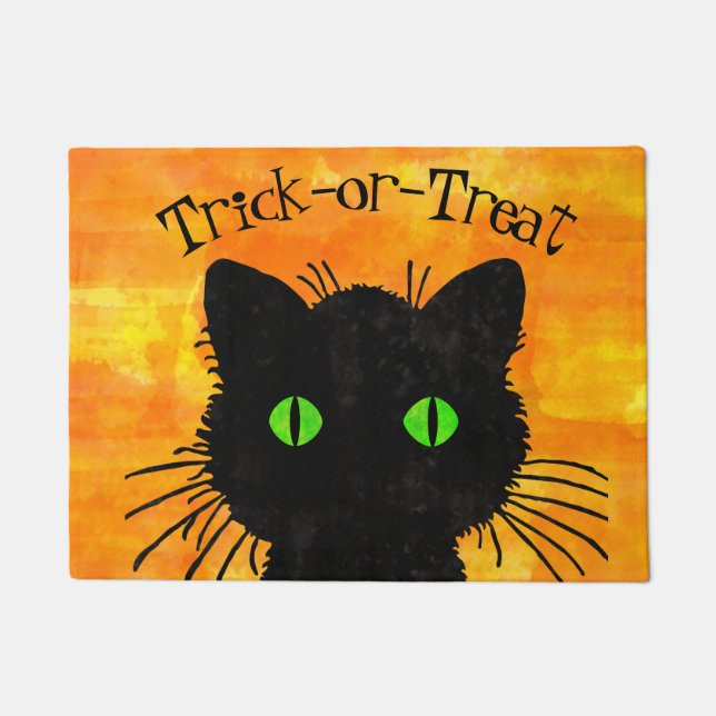 Peek-A-Boo Black Cat Orange Trick-or-Treat Doormat (Front)