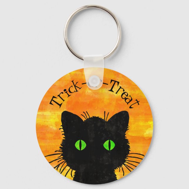 Peek-A-Boo Black Cat Orange Trick-or-Treat Key Ring (Front)