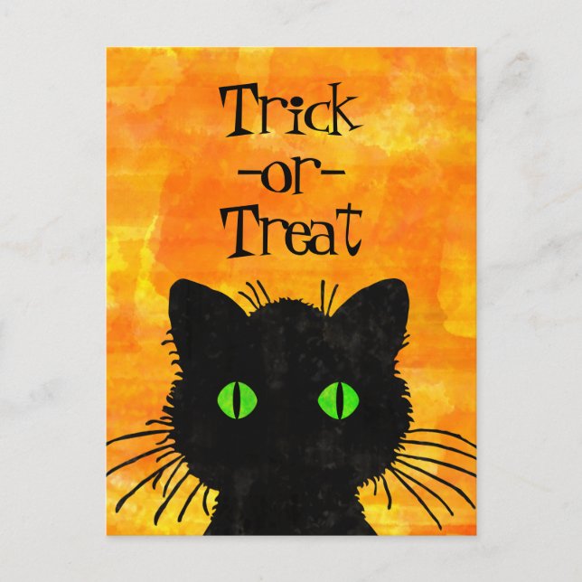 Peek-A-Boo Black Cat Orange Trick-or-Treat Postcard (Front)