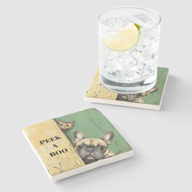 Peek A Boo Cat Dog Stone Coaster (Side)