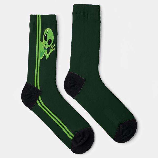 Peek A Boo Friendly Alien Waving Cute Cartoon Socks (Right)