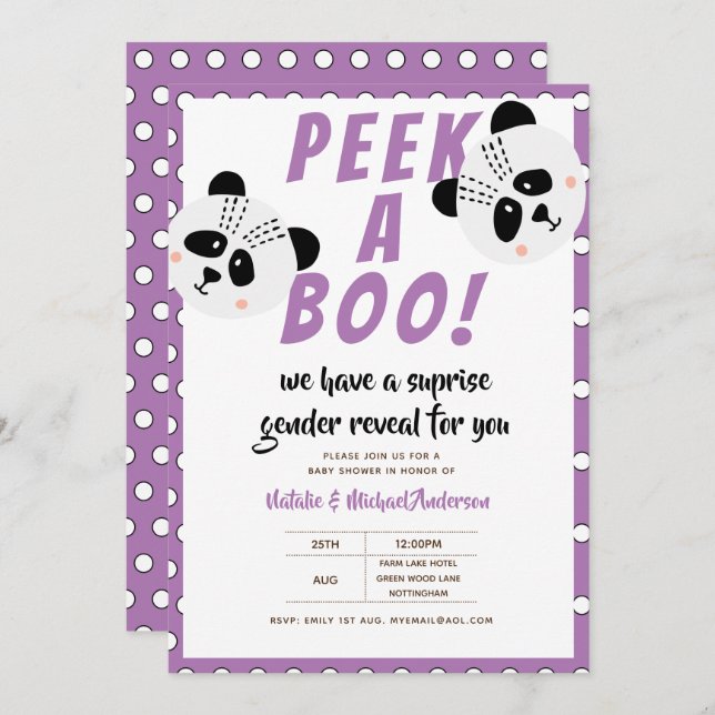 Peek-A-Boo Gender Reveal Panda Bear Purple Baby Invitation (Front/Back)