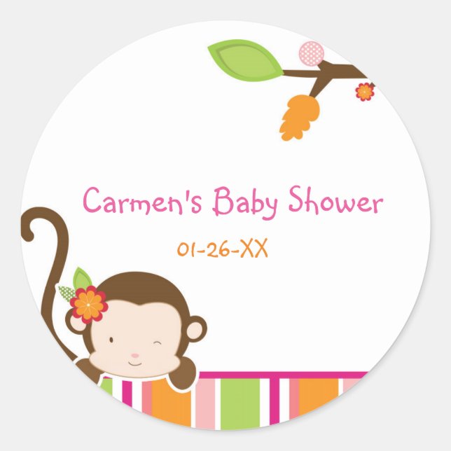 Peek A Boo Girl Monkey Baby Shower Favour Sticker (Front)