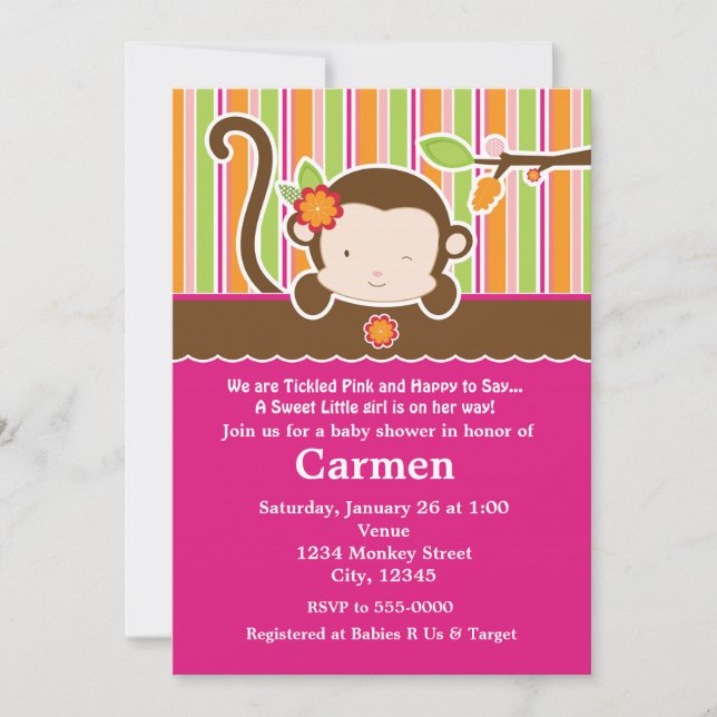 Peek A Boo Girl Monkey Baby Shower Invitation (Front)