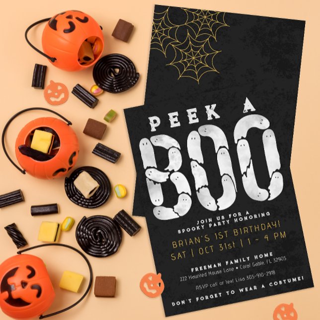 Peek a Boo Kids Halloween Birthday Invite (Peek A Boo Watercolor Ghost Typography Halloween Birthday Party)