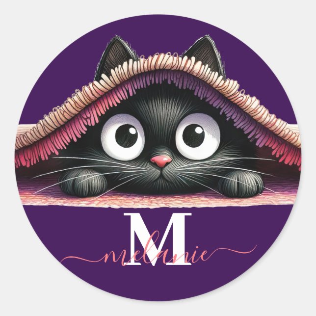 Peek-a-Boo Kitten Script Name Monogram Girls' Classic Round Sticker (Front)