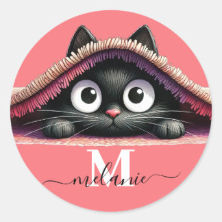 Peek-a-Boo Kitten Script Name Monogram Girls'  Classic Round Sticker