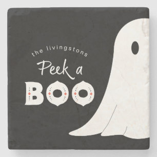 Peek a Boo Personalised Ghost Halloween Stone Coaster