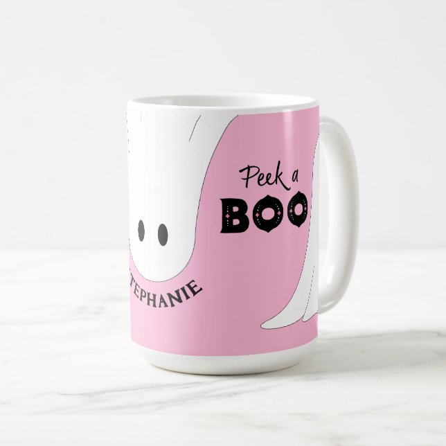 Peek a Boo Personalised Ghost Pink Halloween Coffee Mug (Front Right)