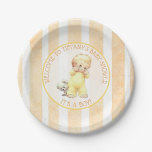Peek a Boo Vintage Baby Boy Yellow Baby Shower Paper Plate