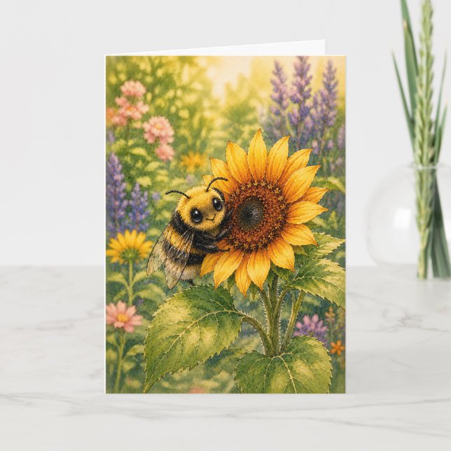 Peekaboo Bumblebee Sunflower Watercolor Blank  Card (Front)