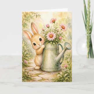 Peekaboo Bunny Watering Flowers Watercolor Blank Card