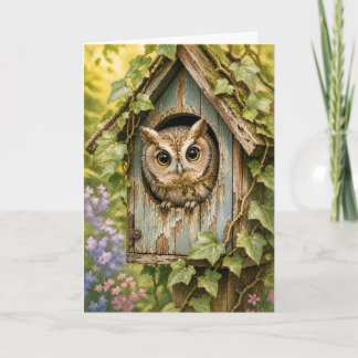 Peekaboo Owl Birdhouse Watercolor Blank Greeting Card