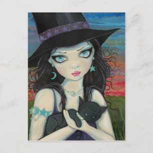 Peekaboo Witch and Cat Big Eye Art Postcard