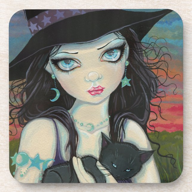 Peekaboo Witch and Cat Halloween Fantasy Art Coaster (Front)