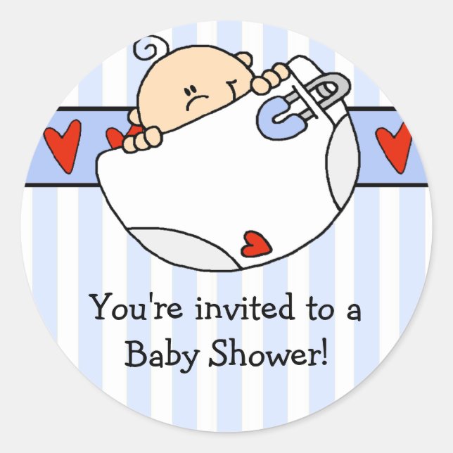 Peeking Baby Boy & Diaper Baby Shower Sticker (Front)