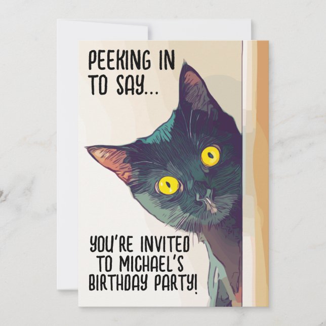 PEEKING BLACK CAT BIRTHDAY PARTY INVITATIONS (Front)