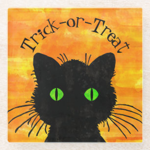 Peeking Black Cat Halloween Watercolor Design Glass Coaster