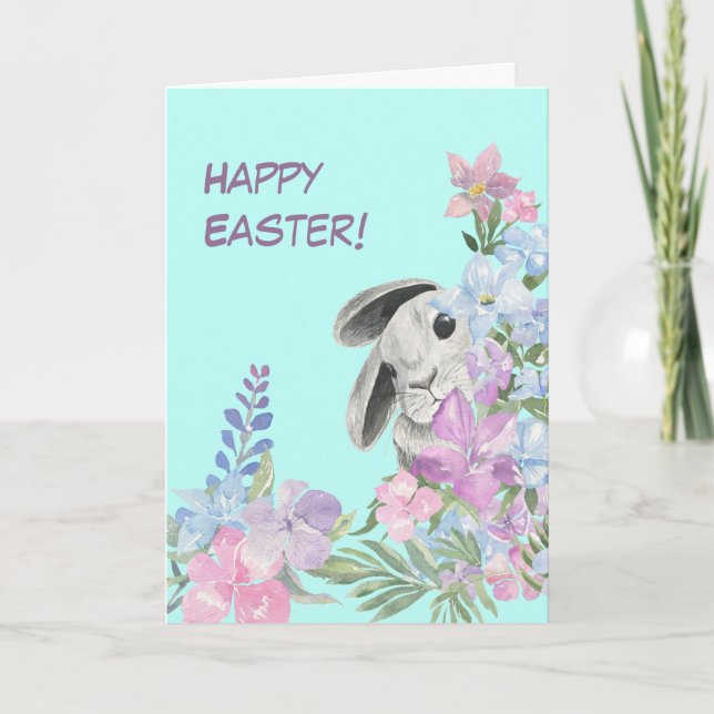 Peeking Bunny Floral Bouquet Easter Card (Front)