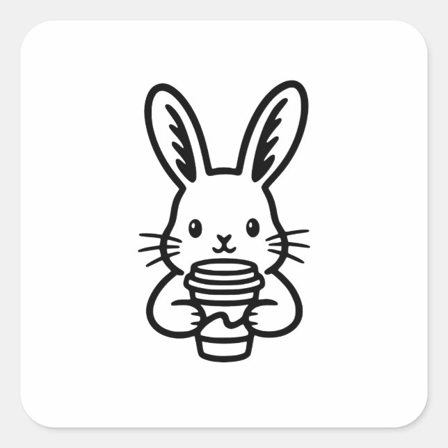 Peeking Bunny with Coffee Cup Square Sticker (Front)