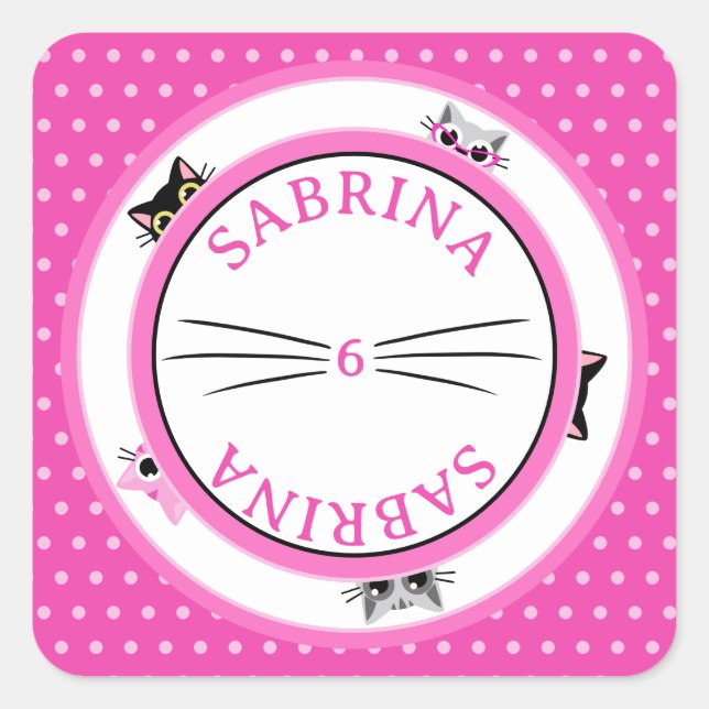 Peeking Cats Pink Polka Dot Square Sticker (Front)