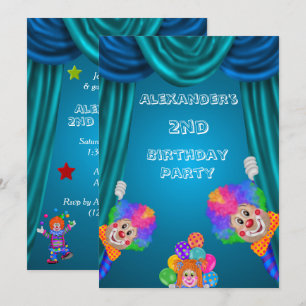 Peeking Clowns Boy's 2nd Birthday Double Sided Invitation