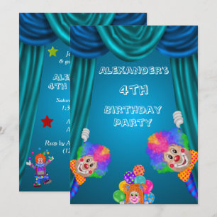 Peeking Clowns Boy's 4th Birthday Double Sided Invitation