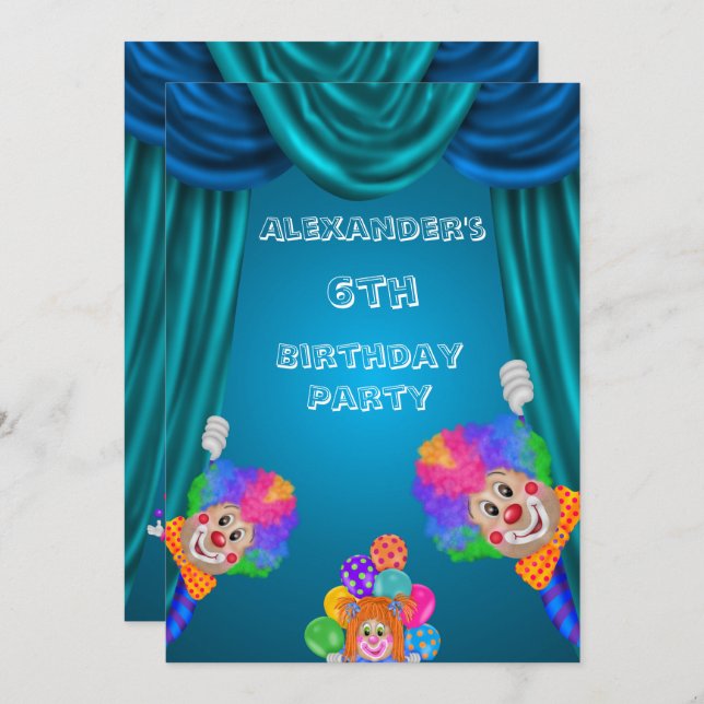 Peeking Clowns Boy's 6th Birthday Double Sided Invitation (Front/Back)