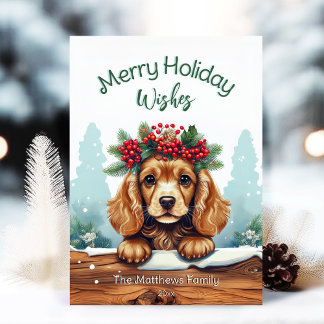Peeking Cocker Spaniel Merry Wishes Pet Portrait Holiday Card