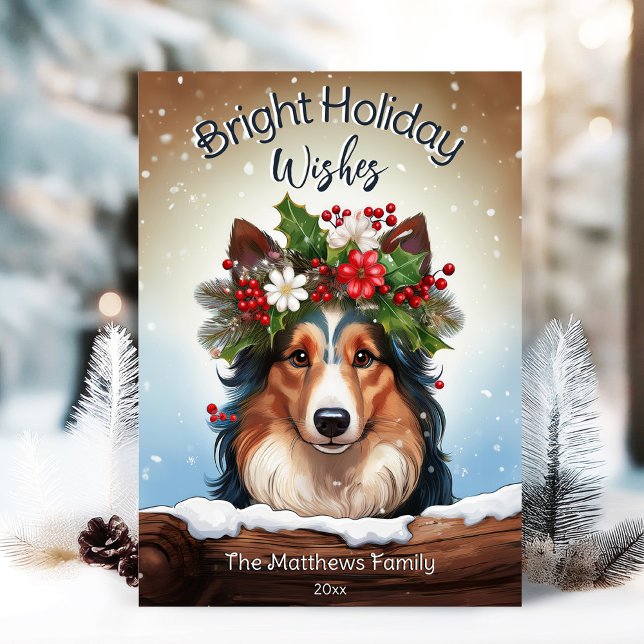 Peeking Collie Bright Wishes Winter Pet Portrait Holiday Card (Adorable Winter Snowy Scene With Peeking Dogs or Farm/Woodland Animals - Over 50 to Choose From!)