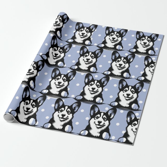 Peeking Corgi Blue Personalised Theme  Wrapping Paper (Unrolled)
