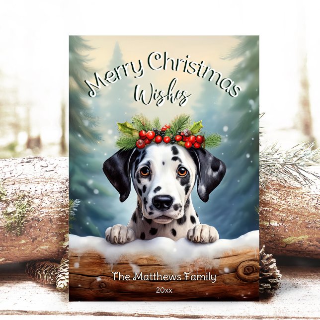 Peeking Dalmatian in Woodland Forest Pet Portrait Holiday Card (Adorable Winter Snowy Scene With Peeking Dogs or Farm/Woodland Animals - Over 50 to Choose From!)