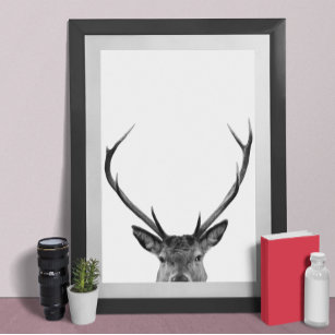 Peeking Deer Stag Black White Cabin Style Modern Poster