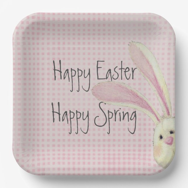 Peeking Easter Bunny On Gingham Paper Plate (Front)