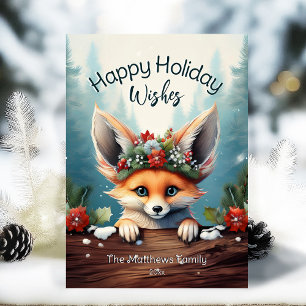 Peeking Fennec Fox Snowing Woodland Forest Happy Holiday Card