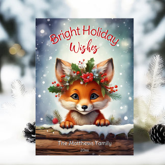 Peeking Fox Bright Wishes Snowy Winter Wonderland Holiday Card