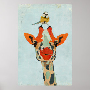 Peeking Giraffe & Little Bird Art Poster